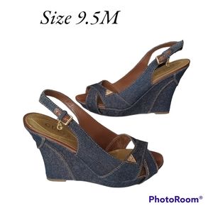 GUESS Womens Slingback Sandals Blue Denim Open Toe High Wedge Heel Buckle 9.5M